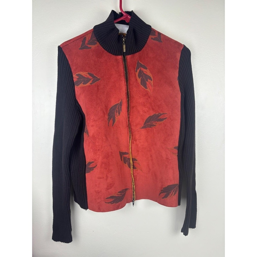 Robert Kitchen Womens Red Faux Suede‎ Feather Print Knit Sleeve Zip Jacket Large